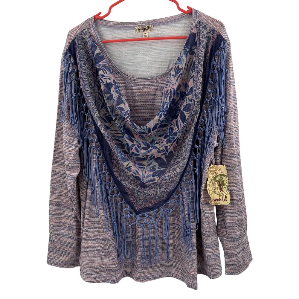 One World Shirt SZ 3X Attached Fringe Scarf Plus Curvy Boho Artsy Lagenlook NWT